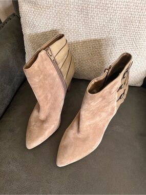 Women's Suede Ankle Boots in Taupe - Pointed Toe, Side Buckle Detail